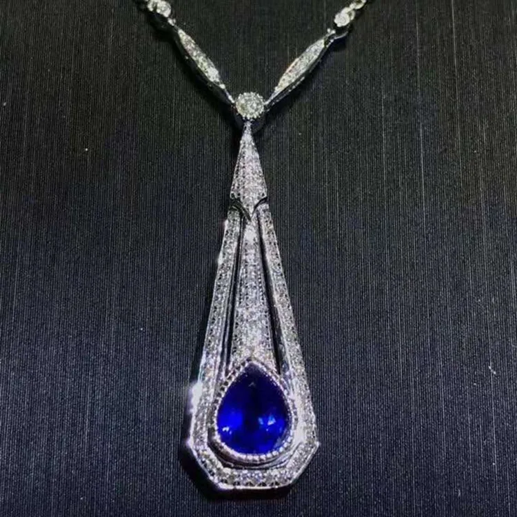 

newest gemstone jewelry design 18k gold South Africa diamond 0.56ct Sri Lanka natural blue sapphire pendant necklace