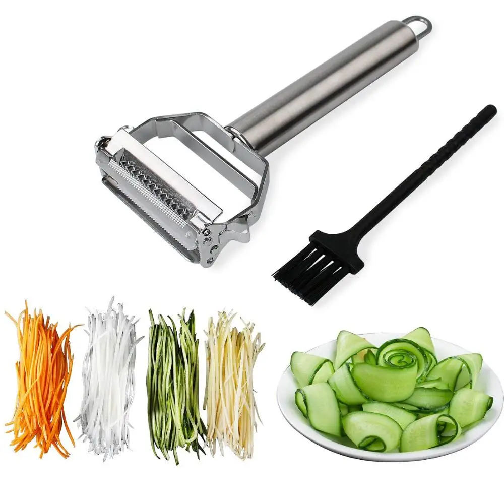

Julienne Peeler Stainless Steel Cutter Slicer with Cleaning Brush Pro for Carrot Potato Melon Gadget Vegetable Fruit, Natural