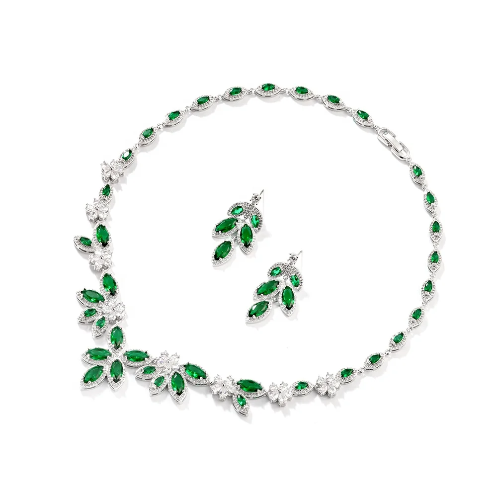 

Green marquise cut cubic zircon necklace and earrings bridal set for brides and bridesmaid luxury wedding Jewelry Set