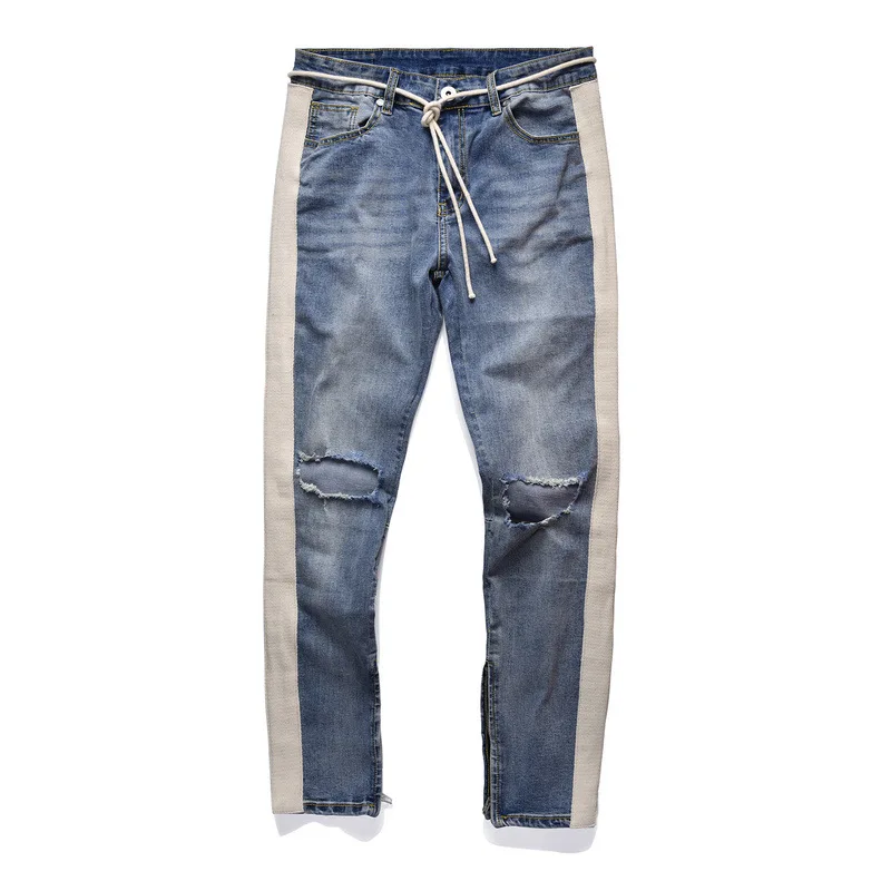 

Men's Jeans Denim Hole Jeans Men Streetwear Slim Fit Casual Jogger Full Length Retro Pencil Pants, Blue , or customized