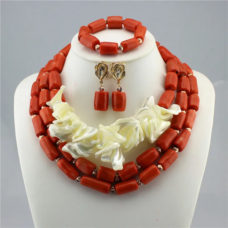 

Fashion Chunky Bridal Jewelry Sets Indian Wedding Coral Necklace Earrings Set Dubai mother of pearl and Coral Jewelry Set, Picture