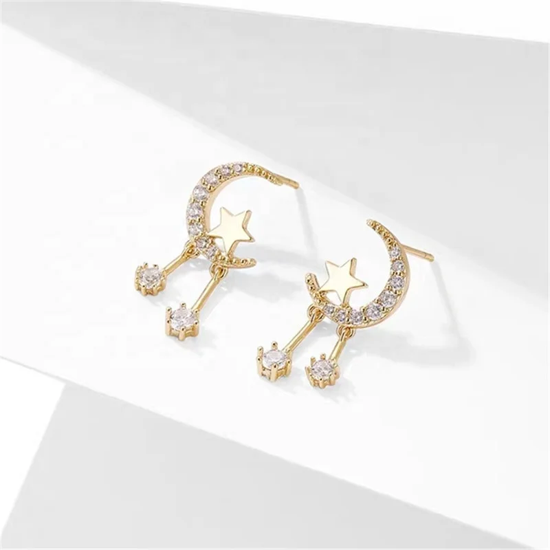 

2020 Korea Fashion Galaxy Jewelry Rhinestone Inlay Moon Star Gold Earrings, As picture shows