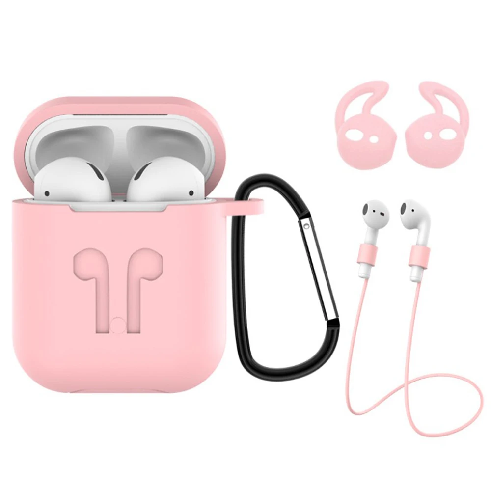 

4 in 1 New for Airpods 1 2 Silicone Case With Hook Strap Earbuds, Black, red, white, pink, green, purple, blue