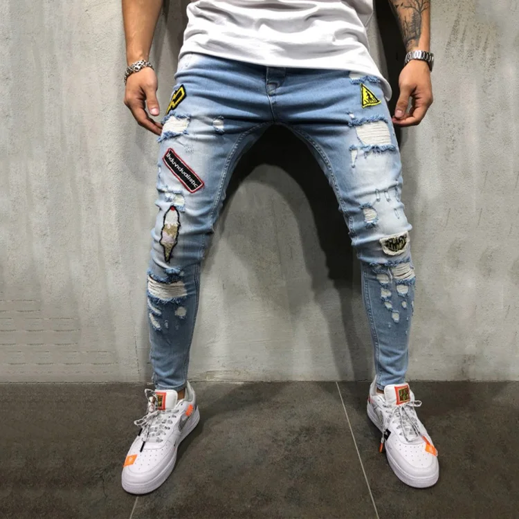 

New men's hip hop high street biker jeans Slim hole pants Slim ripped jeans youth fashion embroidery jeans badge, Picture color