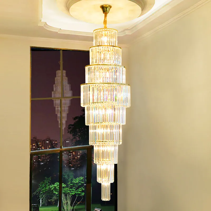 Decorative large classic cristal factory hotel living room spiral long modern led luxury crystal staircase chandelier lighting