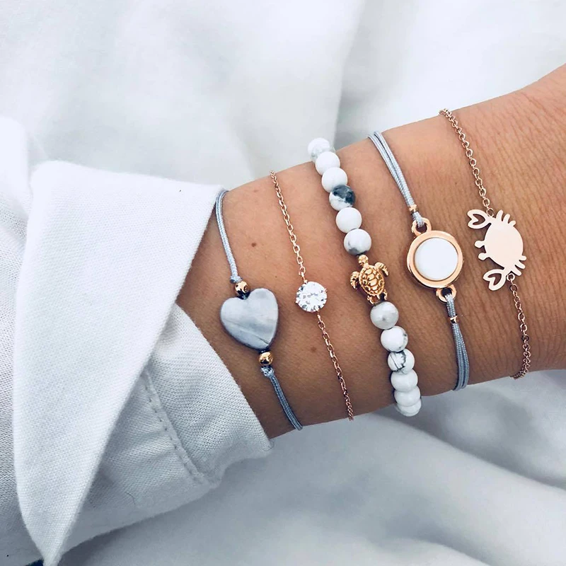 

5pcs/set Bohemian Beads Strand Multilayer Bracelets Vintage Fashion Crab Turtle Heart Bracelets Bangles Sets For Women (SK014), As picture