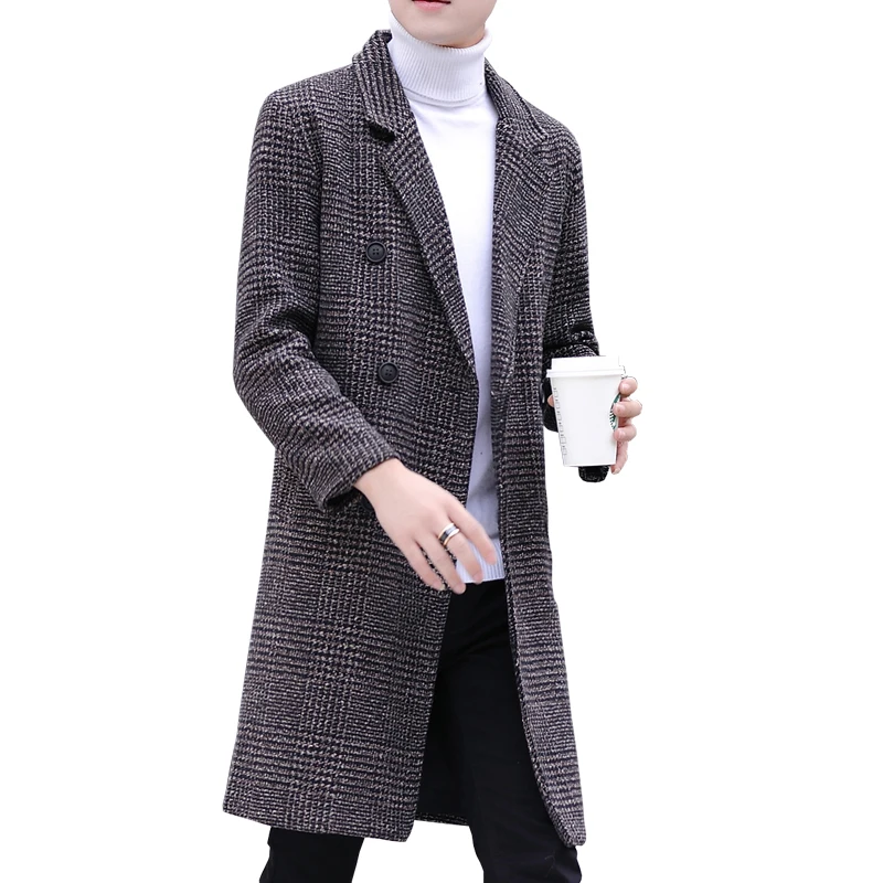 

Men's long south Korean version of tide autumn and winter youth plaid wool coat, 2colors