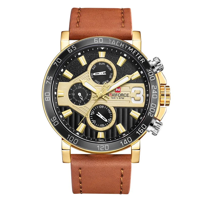 

Naviforce 9137 Mens luxury Wristwatches Genuine Leather Business Date Week 12/24 Hour Clock Waterproof Sports Brand Quartz Watch