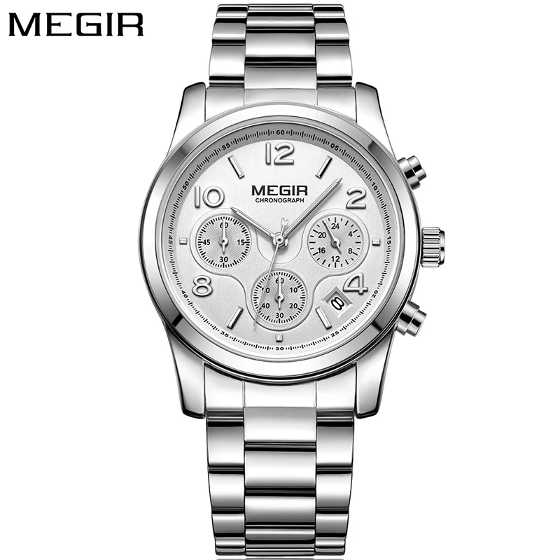 

Hot Sale Megir 2057 Luxury Women Wrist Watches Stainless Steel Chronograph Date Clock Waterproof Sports Brand Men Quartz Watch