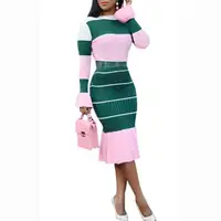 

Autumn Ladies Latest Ruffle Plus Size Office Dress Long Sleeve Stripe Elegant Career Dress Designs