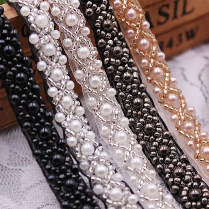 Pearl Beaded Embroidered Rhinestones Applique Braided Lace Ribbon Trim For Wedding Dress S491