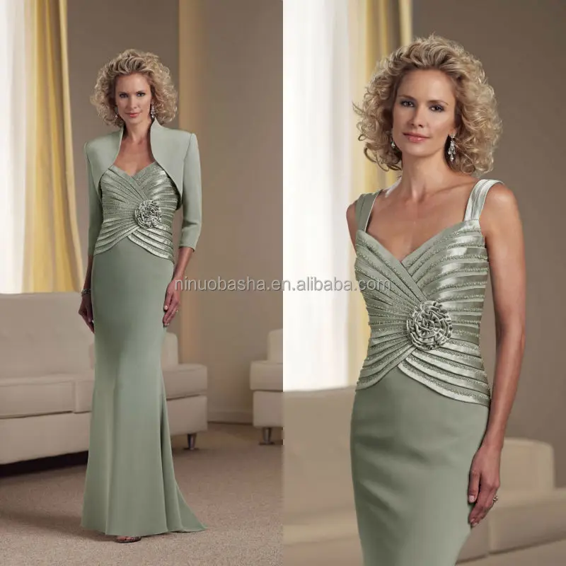 

Mermaid Chiffon Spaghetti Straps Beaded Pleated Bodice Mother of the Bride Dress With High Neck 3/4 Sleeve Jacket NB0897