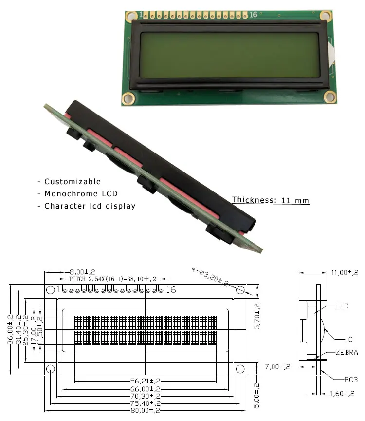 STN COB Type 16 pin Connector With PCB 1602 Character lcd 16x2 lcd Display Module