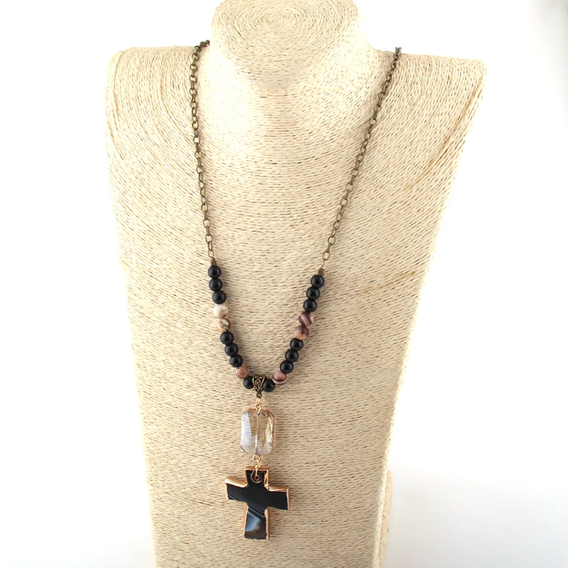 

Fashion Jewelry 8mm Stone and Chain Rectangle Crystal Link Cross Necklaces For Women Ethnic Necklace