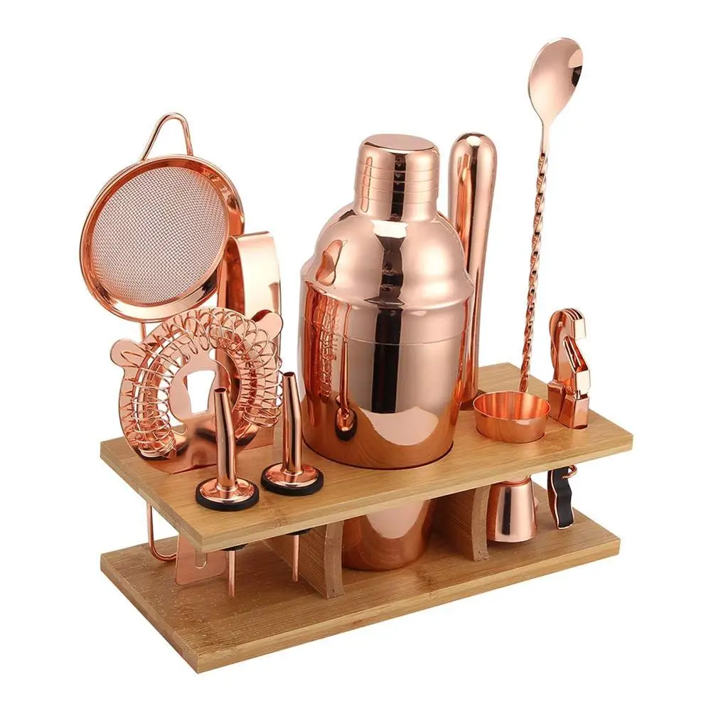 

Bartender kit 11 Pieces Rose Gold Cocktail Shaker Set Stainless Steel with Stand wine accessories with 750 ml shakers