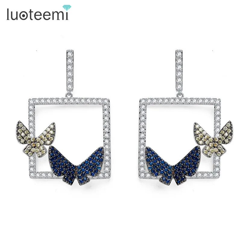 

LUOTEEMI New Arrival Fashion Luxurious Unique Micro Paved Blue Yellow CZ Crystal Double Butterfly Drop Earring for Women Jewelry, N/a
