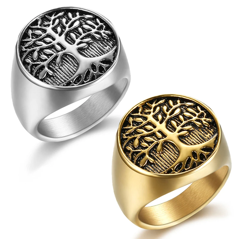 

custom 316 Stainless Steel Men's Jewelry Silver Gold Color Tree of Life Mens Signet Finger Rings