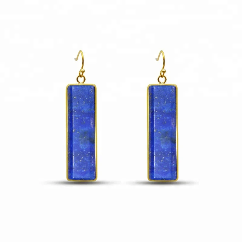 

Personalized long lapis lazuli faceted sterling silver big hoop earrings natural rectangle stone earring for women, Blue bar earrings