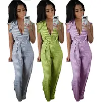 

MN101 new design Deep V-neck shirt stripe Ruffle jumpsuit for woman