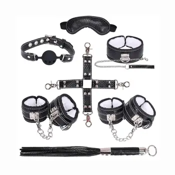 8 Pcs Black Restraint Male Leather Bondage Kit Whip Ball Gag Cuffs
