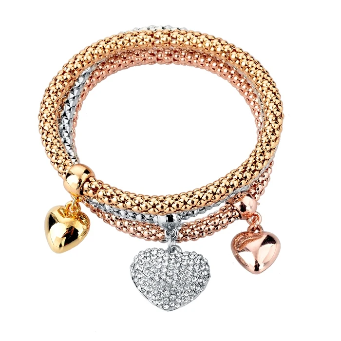 Three pieces per set heart charm pendant bracelet popcorn chain three tone bracelet