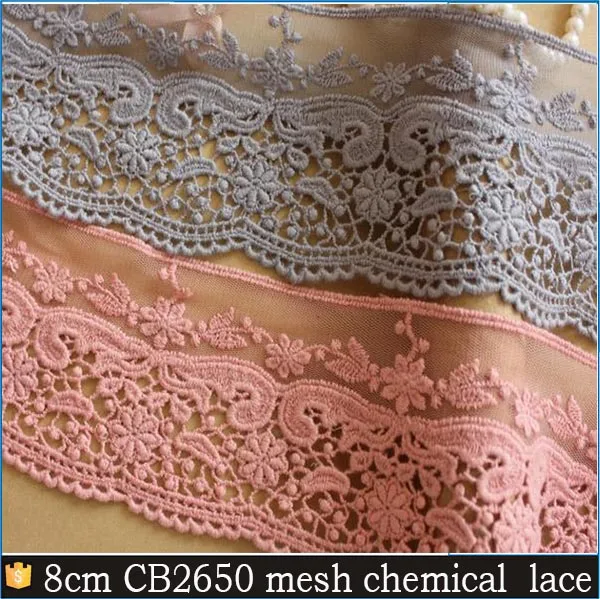 

STRETCH GREY NYLON COTTON MESH LACE TRIM for summer dress making, Grey pink