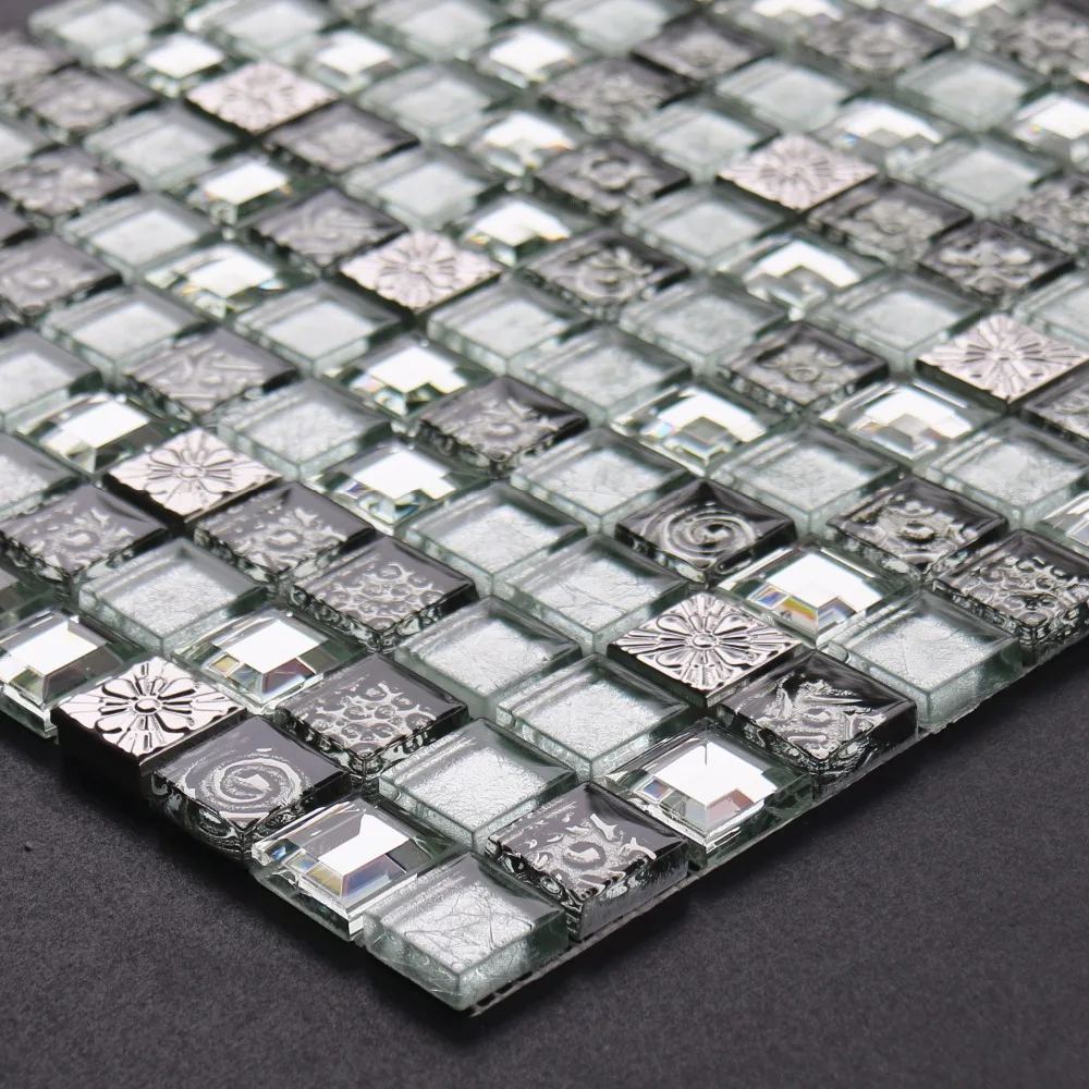 BSJ156 Decorative stainless steel silver foil 3D mosaic glass tile