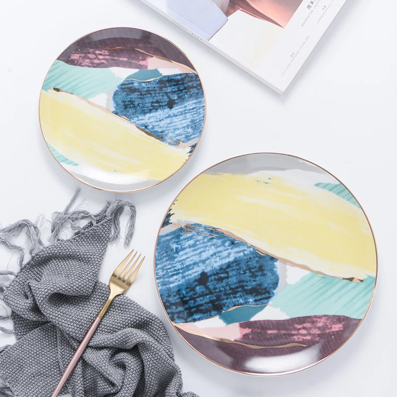 Colorful noble nordic tableware rainbow design italian  dinnerware ceramic plates set 