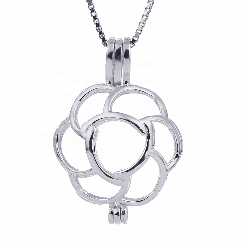 

Solid Sterling Silver Rose Flower pearl necklace Cage Pendant Locket S925