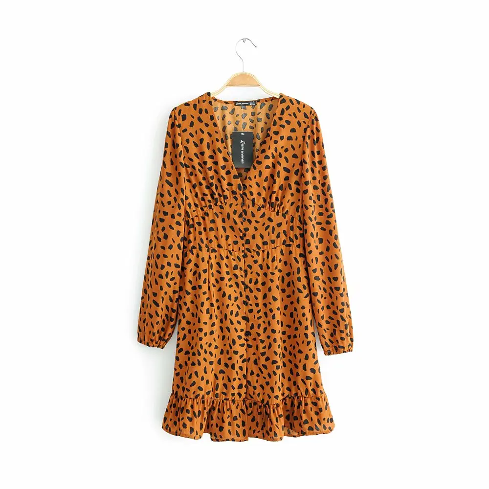 

Good quality long sleeve v neck women fashion animal leopard print dress, N/a