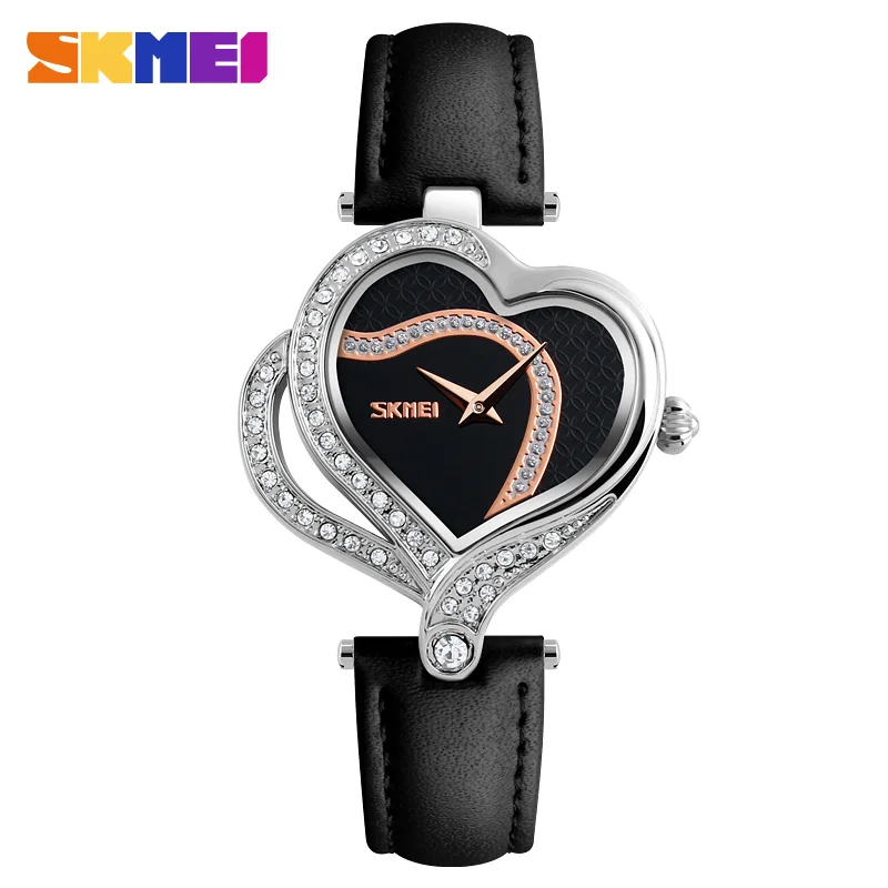 

Top Fashion Elegant Lady Bracelet Watch Charm Heart Diamond Dial Genuine Leather Band Waterproof Quartz Luxury Skmei Women Watch