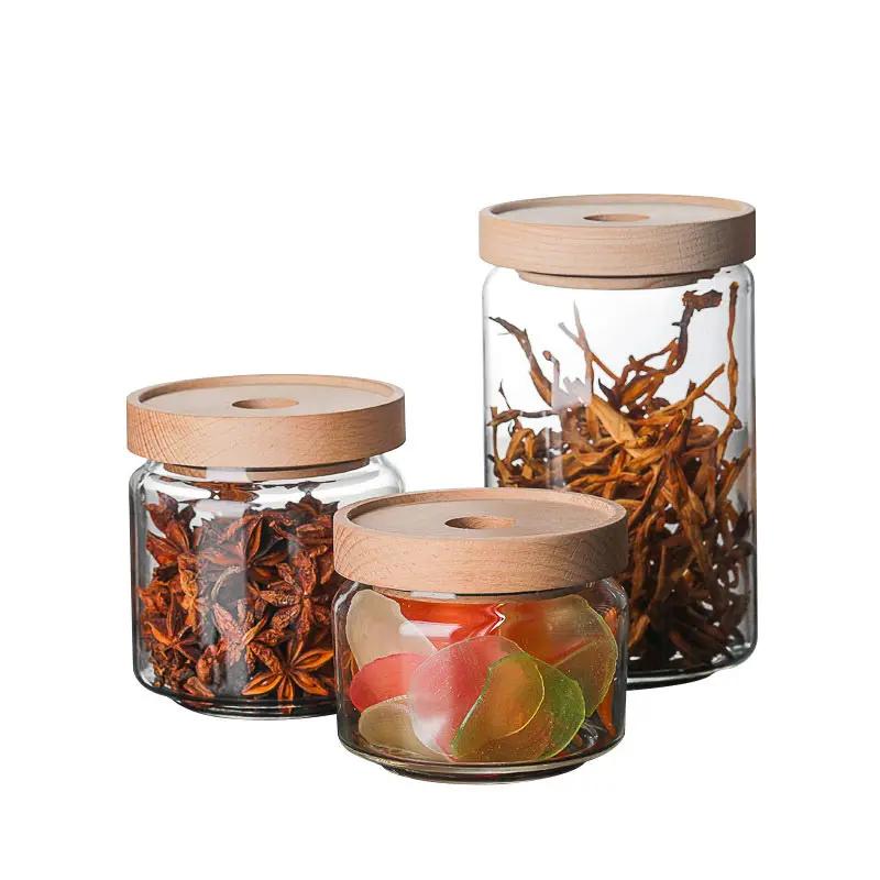 

storage glass jars high borosilicate glass transparent hermetic glass storage jars airtight lid with beech wood for Kitchen, High transparency
