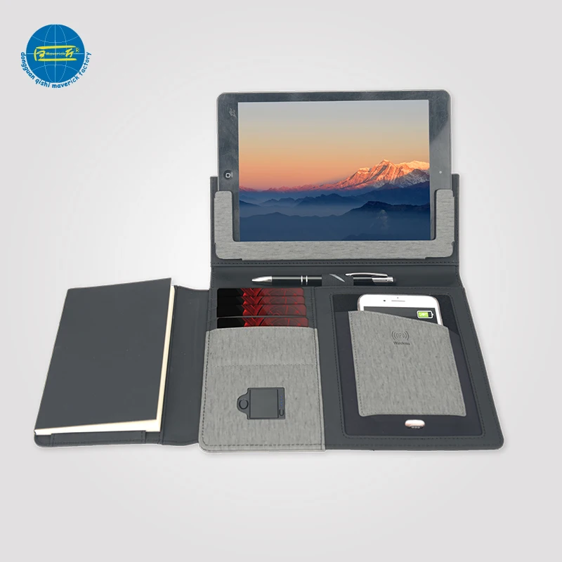 
business leather portfolio with tablet holder and wireless charger 