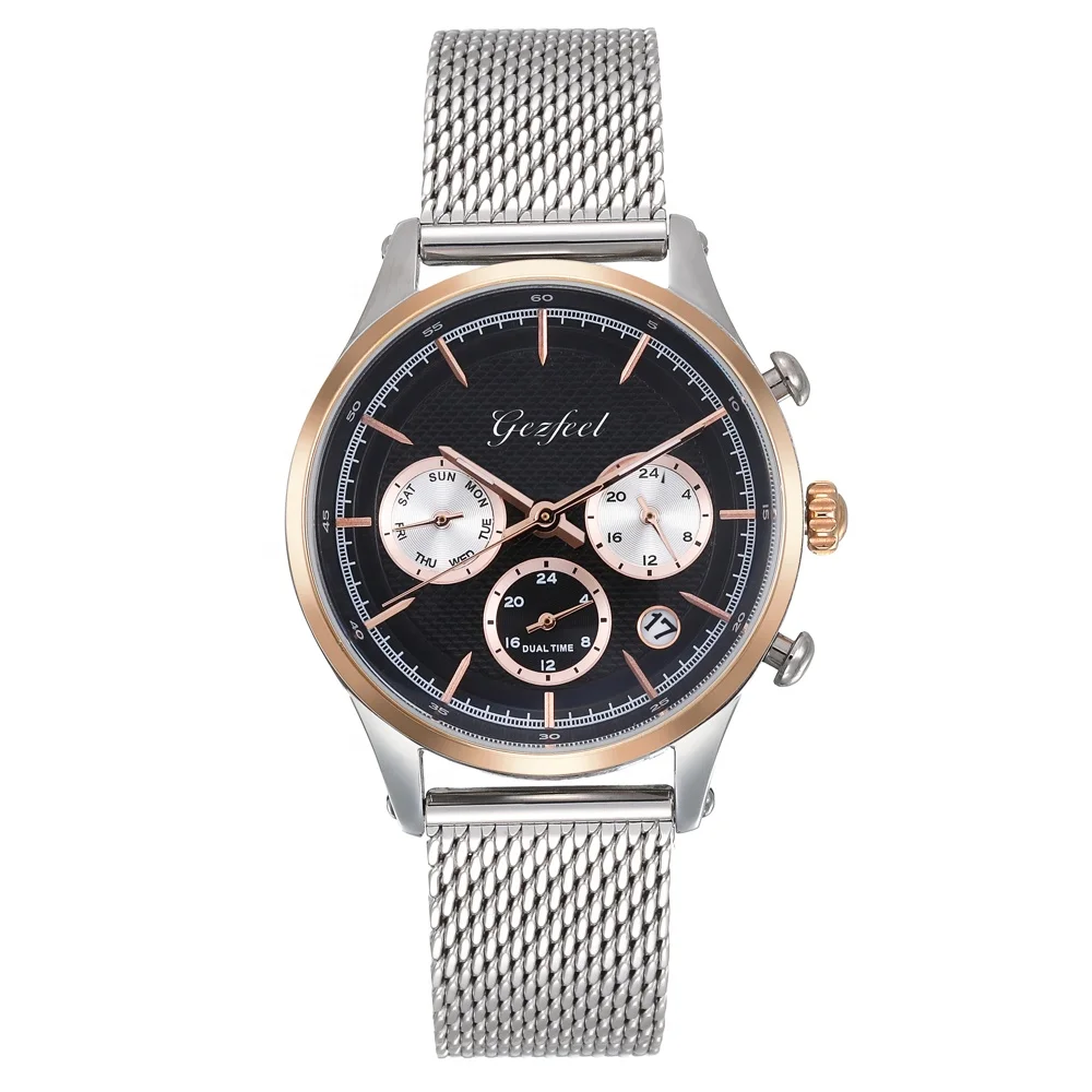 

Stainless steel Japan movement Mesh strap custom fashion mens chronograph watch, Silver color or plating
