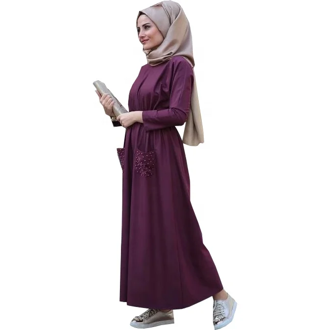 

New arrival high quality fashion pearl on pocket dubai abaya kaftan muslim women dress, Purple;navy;black