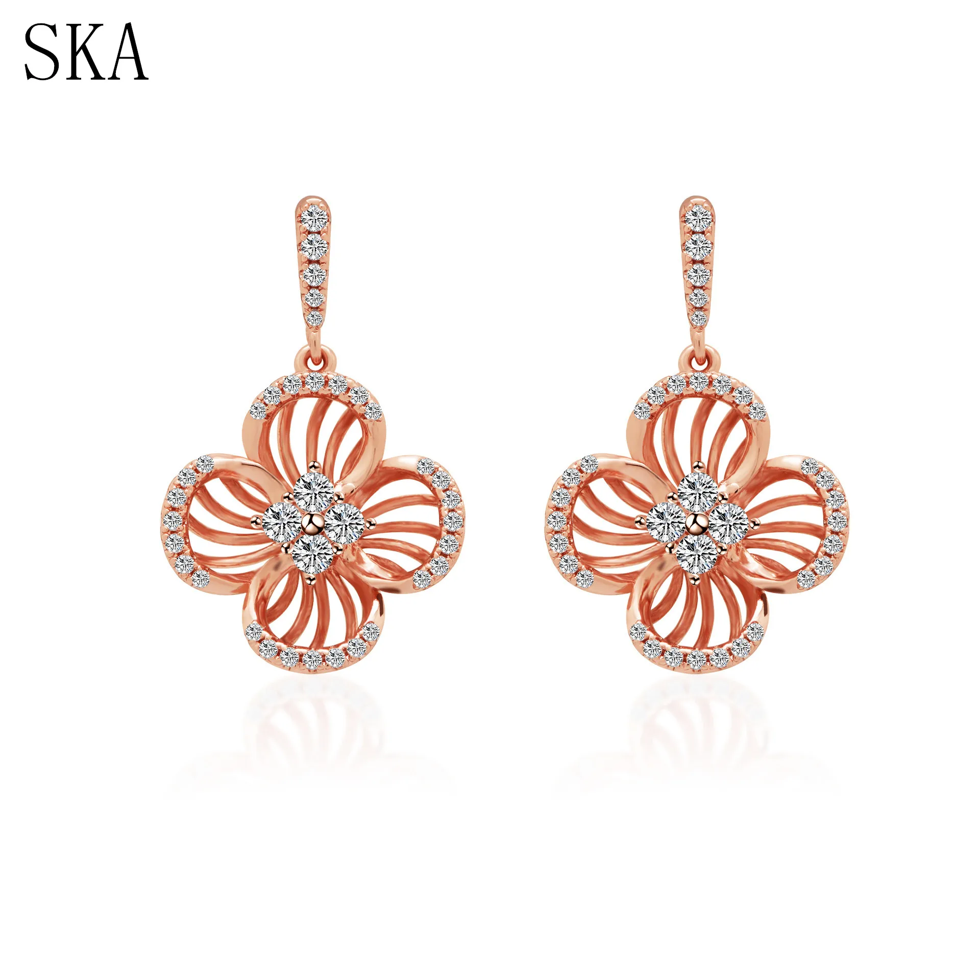 

SKA Latest Flower Shape Design Diamond Gold Ear Rings for Women, Picture