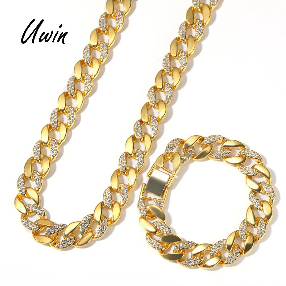 

Gold Plated Iced Out Cuban Link Gold Chain Necklace Bracelet Hiphop Men Jewelry Set, Gold, silver, custom color is acceptable