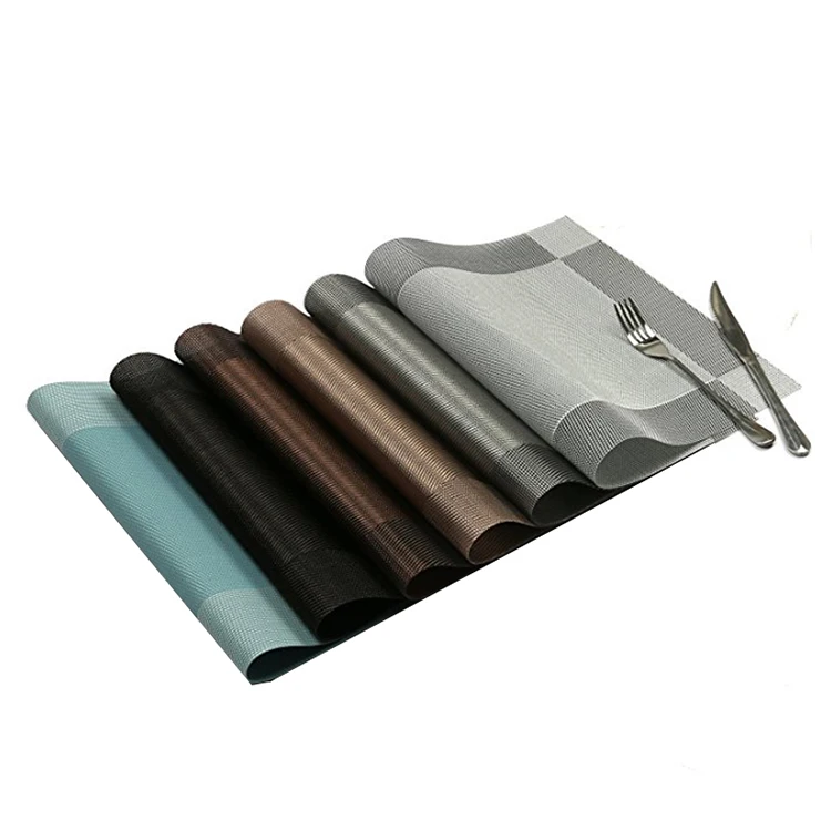 

Wholesale Hot Sale European Type Restaurant Coffee Custom Dining Table Mat PVC Plastic Material Woven Vinyl Placemat, Brown, silver grey, golden yellow, beige, khaki,as the picture