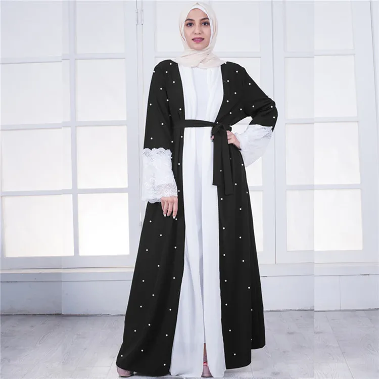 

Women Fashion Modest Moroccan Black Pearl Dubai Kimono Abaya 2018