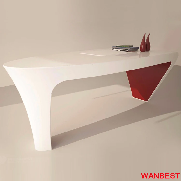 Fancy Acrylic Oval White and Red Office Executive Boss Computer Desk Home Study Table