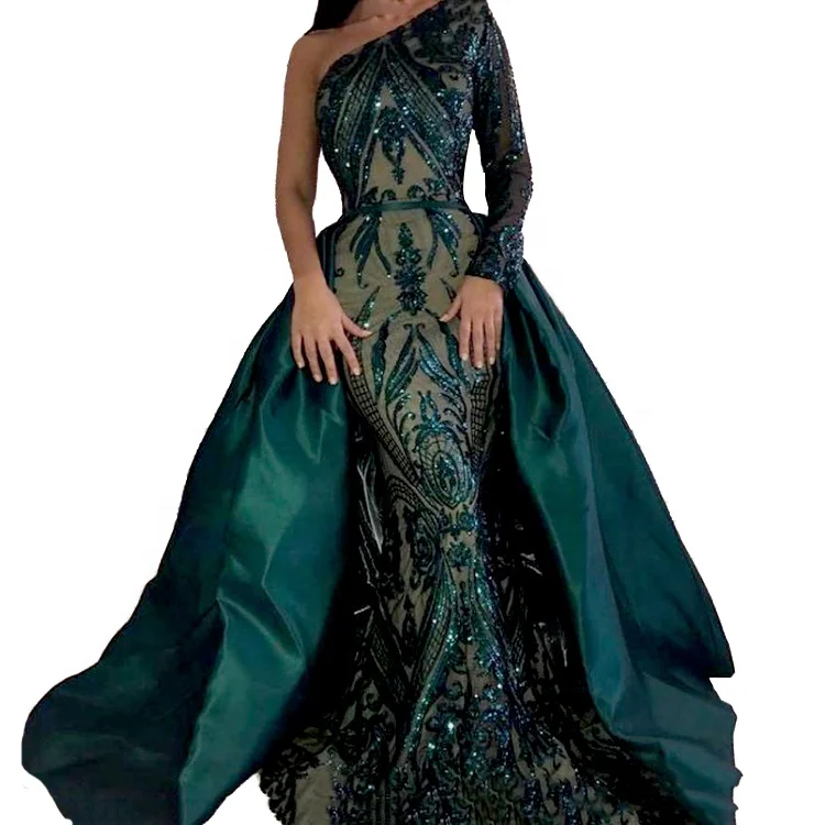 

Emerald Green Mermaid Evening Prom Gown One Shoulder Lace Muslim Evening Dresses 2018 with Overskirt Detachable, Custom made