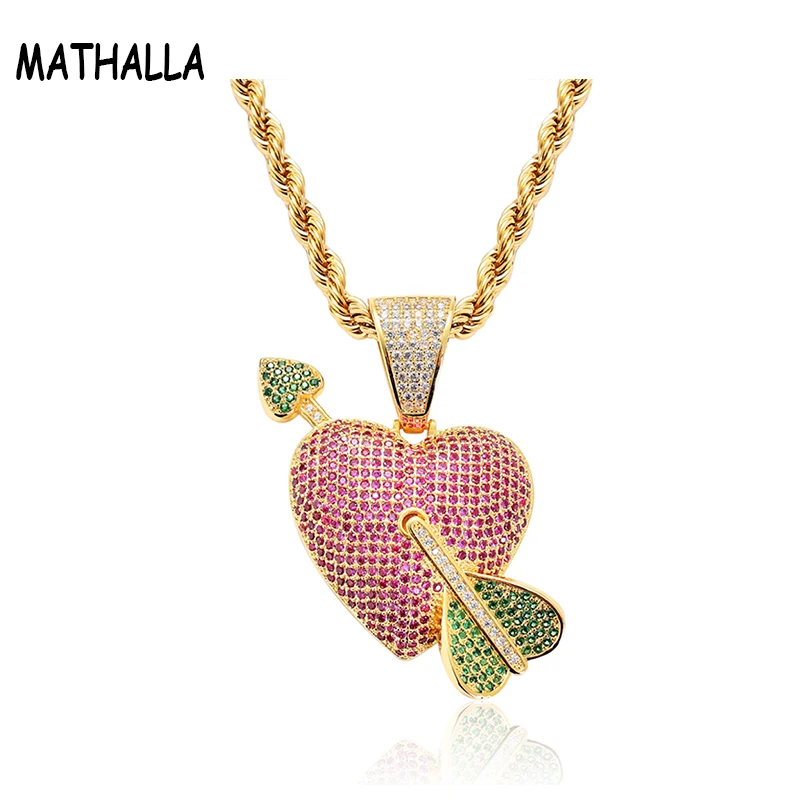 

High Quality Cubic Zirconia Micro Pave Arrow Pierced Heart Charm Iced Out Pendant Necklace Hiphop Jewelry 2019, Platinum;gold