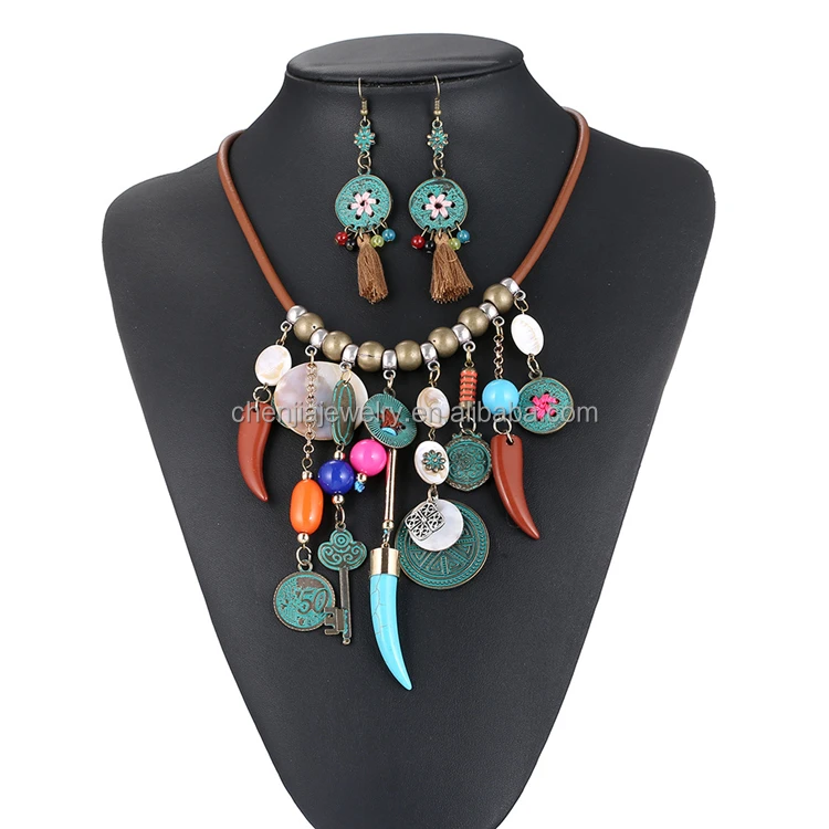 Turquoise Tassels Coin Hanging Vintage Carving Alloy Choker Necklaces Pendant And Charms Patina