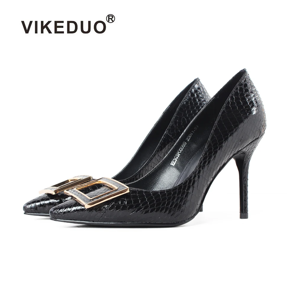 

VIKEDUO Hand Made Women Stiletto High Heels Pumps Shoe Snake Leather Sexy Black New Ladies Shoes In China