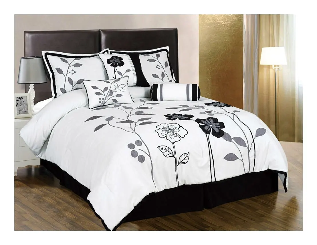 Buy 7pcs White Gray Black Embroidered Applique Floral Comforter Set Queen Size In Cheap Price On Alibaba Com