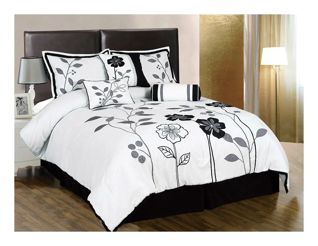 Buy 7pcs White Gray Black Embroidered Applique Floral Comforter