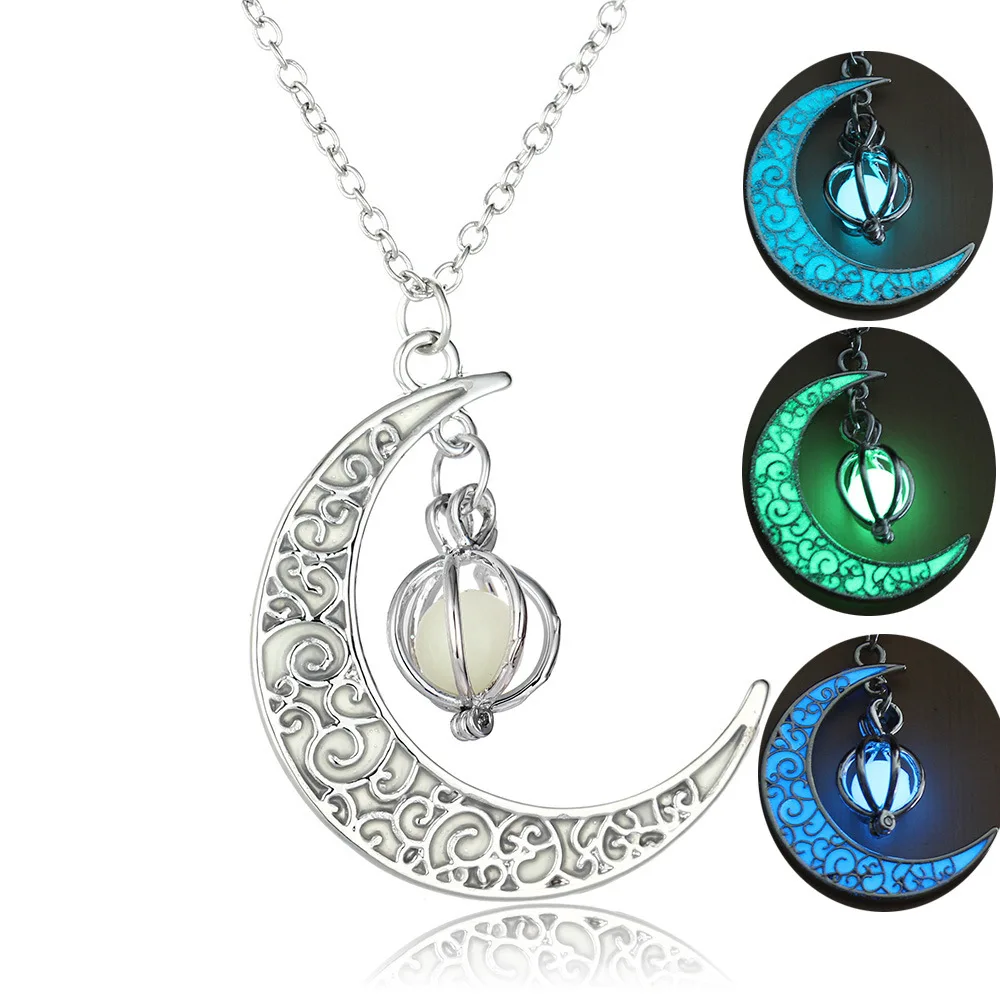 

2018 New Glow In the Dark Jewelry Silver Chain with Crescent Shaped Pendant Luminous Stone Beads Moon Necklace for Women Gift