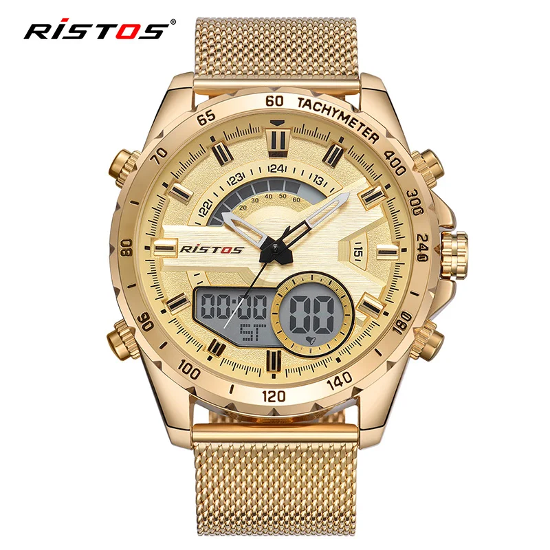 

RISTOS 9361 Men's Quartz+Digital Movement LED Fashion&Casual Stainless Steel Band watch