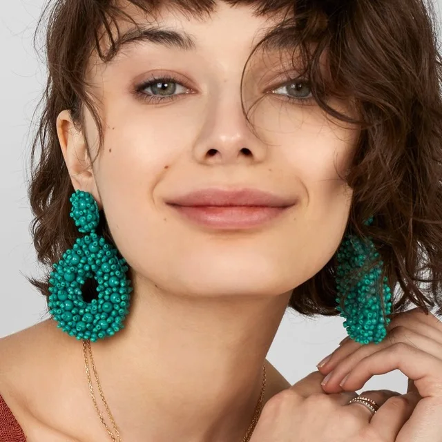 

Women Boho Handmade Dangle Bead Earrings Bohemia Crystal Beaded Hoop Earrings for Wedding Party