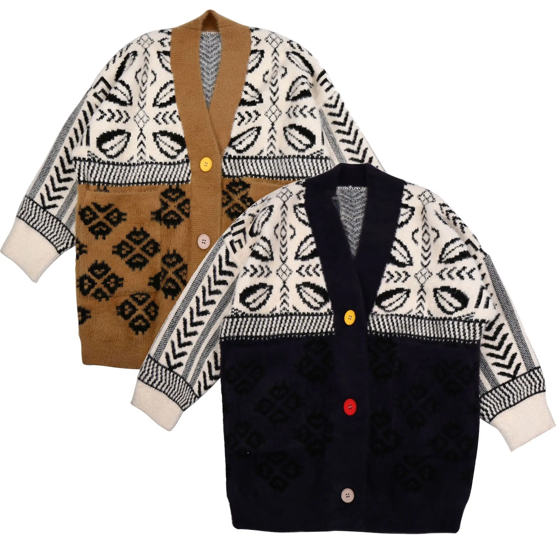 

factory custom high quality women Faux velvet jacquard knit cardigan loose plus size female sweater with button